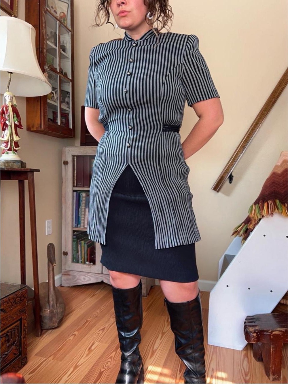Vintage 90s Miss Dorby black & grey Vertical Striped layered Dress tie waist 14